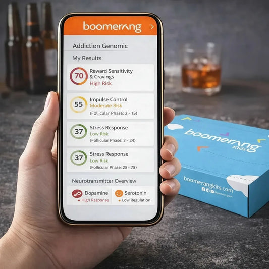 A hand holds a smartphone displaying a personalized Addiction Genomic report with scores for reward sensitivity, impulse control, and addiction risk based on gene variants. An Addiction Genomic test kit box and bottles appear in the background.