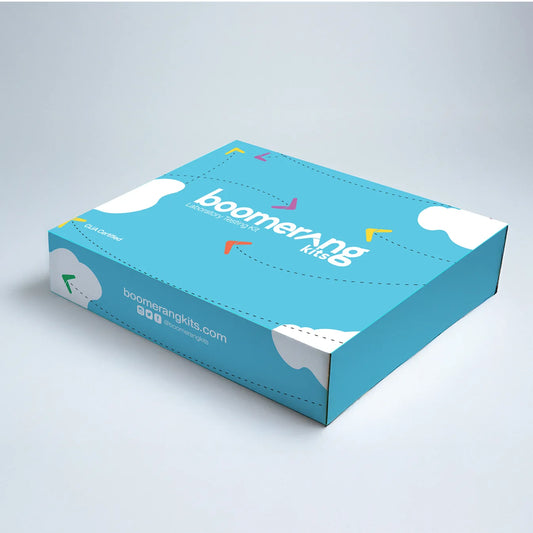 A blue rectangular box labeled "ADHD Genomic" with playful graphics, white clouds, and colorful arrows on a light background. The box hints at personalized ADHD treatment and displays the website plus social media icons on the side.