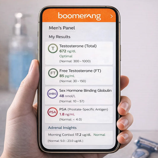 A hand holds a smartphone displaying Men’s Panel blood test results on the Boomerang app, highlighting testosterone and other hormone markers with their values and normal ranges.
