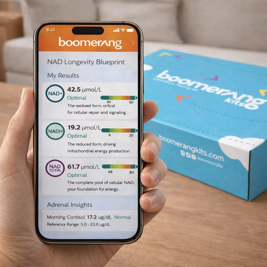 A hand holds a smartphone showing optimal NAD Longevity Blueprint™ test results and longevity biomarkers in the Boomerang app. A blue boomerangkits.com box is visible on the table in the background.