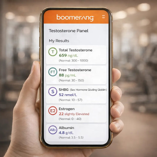 A hand holds a smartphone showing physician-grade Testosterone Panel results—total and free testosterone, SHBG, slightly elevated estrogen, and albumin—displayed on the Boomerang health app interface.