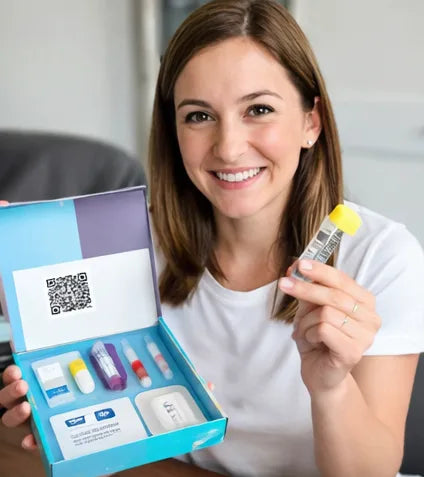 A smiling woman in a white shirt holds up a vial and displays an open at-home medical test kit containing various tubes, containers, and a card with a QR code.