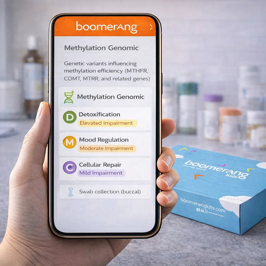 A hand holds a smartphone showing Methylation Genomic results for detoxification, mood regulation, and cellular repair. A blue "boomerang" kit box sits on the counter, underscoring methylation’s link to longevity.