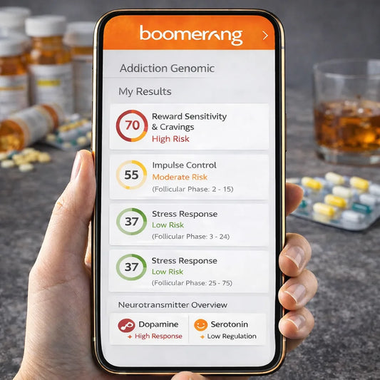 A hand holds a phone with Addiction Genomic’s personalized addiction risk report, highlighting gene variants tied to high reward sensitivity, moderate impulse control risk, and low stress response. Prescription bottles and pills appear in the background.