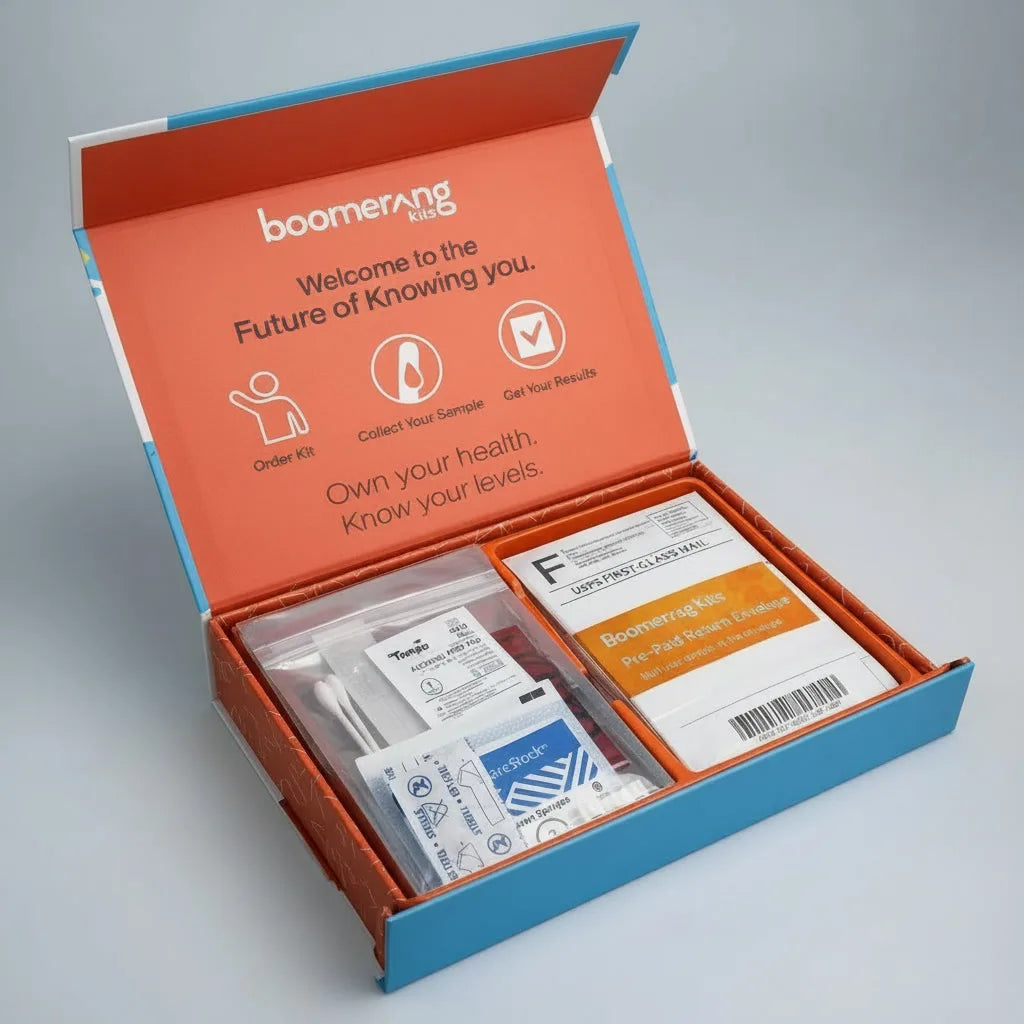 An open Partner Bundle kit shows clear instructions on the lid and neatly arranged testing supplies inside, including packets, collection tubes, and mailing materials—everything needed for confidential results.