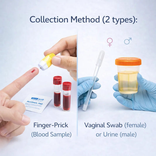 Side-by-side comparison of sample collection for the Comprehensive Plus STD Panel: finger-prick blood sample (left) and sex-specific screening by vaginal swab or urine sample (right), both with gloved hands.