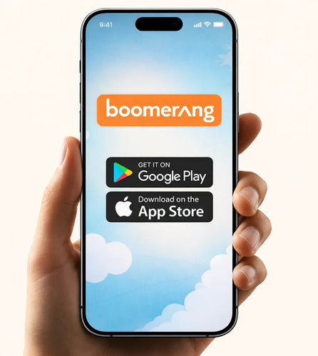 A hand holds a smartphone displaying the Boomerang app logo above buttons for downloading on Google Play and the App Store, with a blue sky and cloud background on the screen.