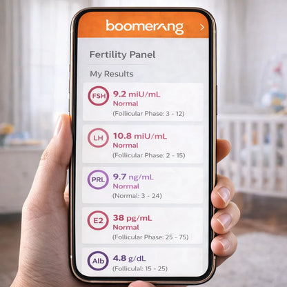 A hand holds a smartphone with the Fertility Panel app showing blood test results for FSH, LH, PRL, E2, and Alb—all "Normal"—aiding family planning. The "boomerang" labeled app appears against a blurred home background.