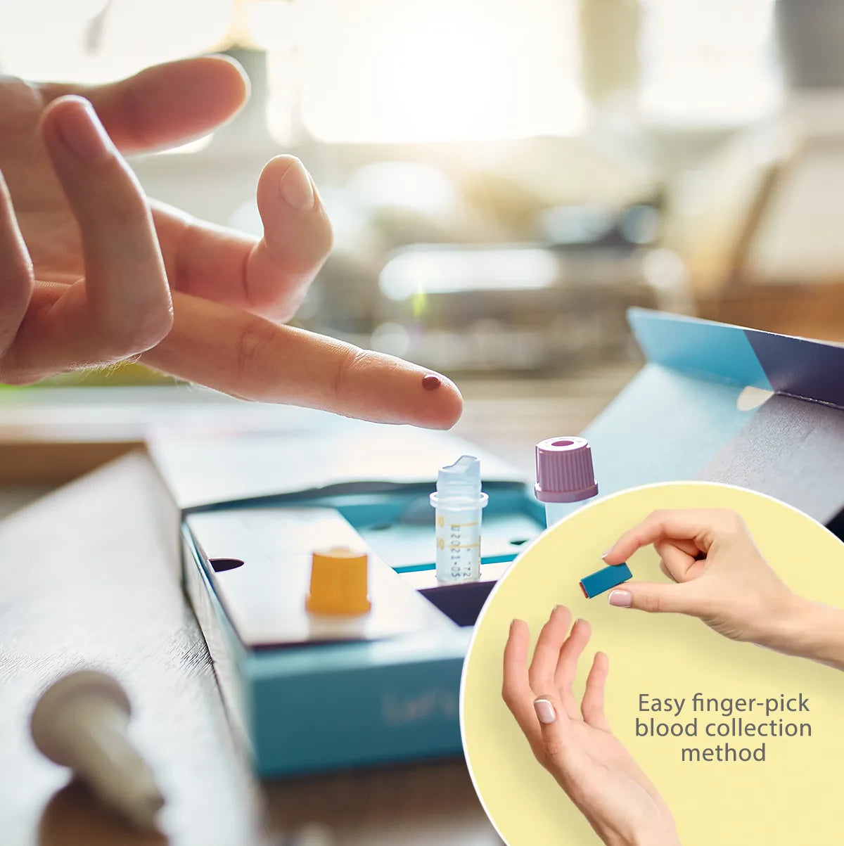 A person uses a finger-prick device to collect a blood sample at home. An inset illustration shows hands using the device, with text reading "Easy finger-pick blood collection method.