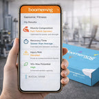 A hand holds a smartphone displaying Fitness Genomic results—muscle composition, recovery time, injury risk, and VO2 max. In the background are gym equipment and a blue Fitness Genomic DNA test kit box.