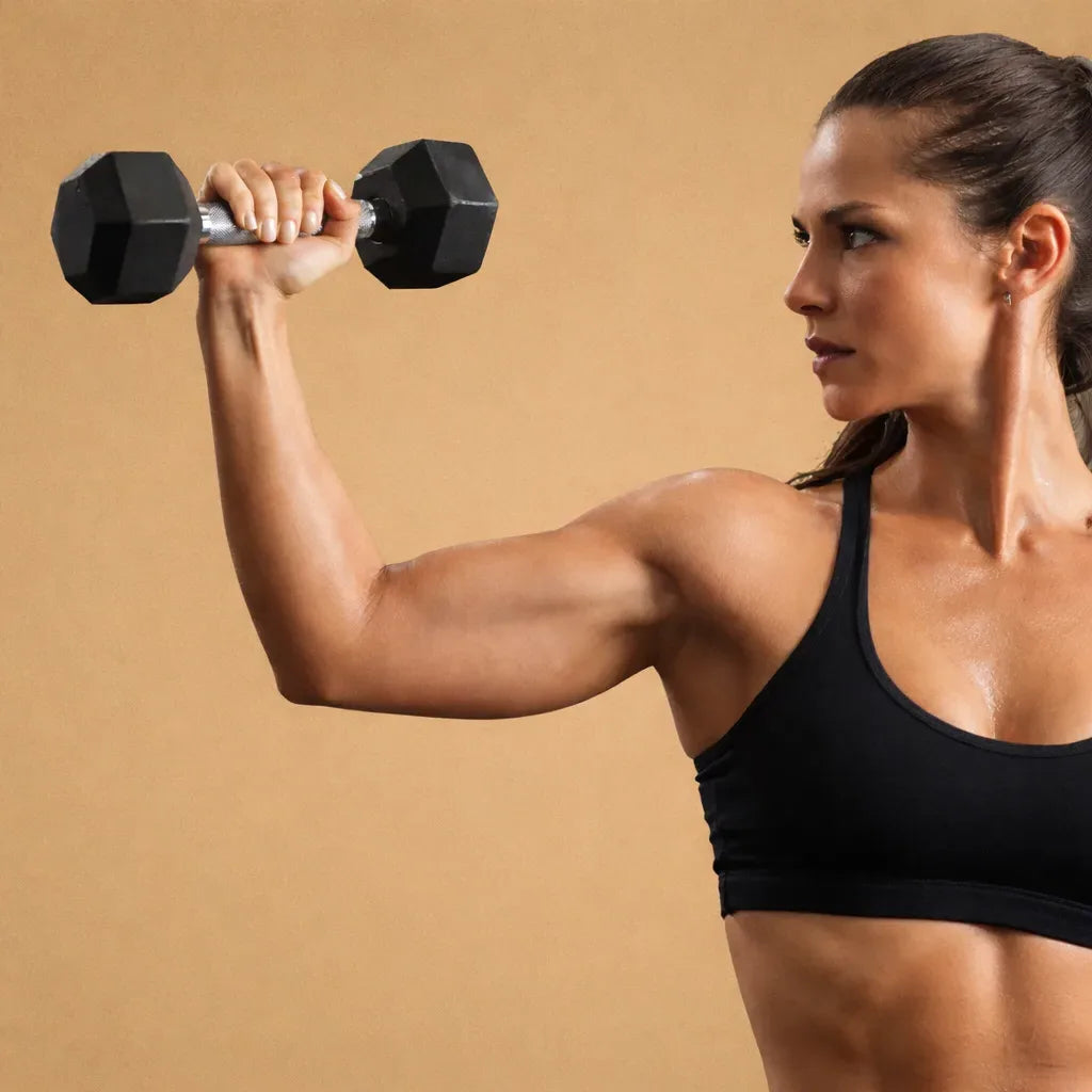 A woman in a black sports bra lifts a dumbbell with one arm, showing defined muscles. She looks to the side against a plain tan background.