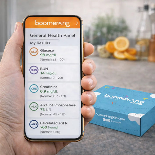 A hand holds a smartphone showing results from the General Health Panel blood test after an at-home check-up. In the background, a blue Boomerang Kids test kit box rests on a table.