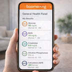 A hand holds a phone showing General Health Panel results, making at-home health checks easy and accessible.