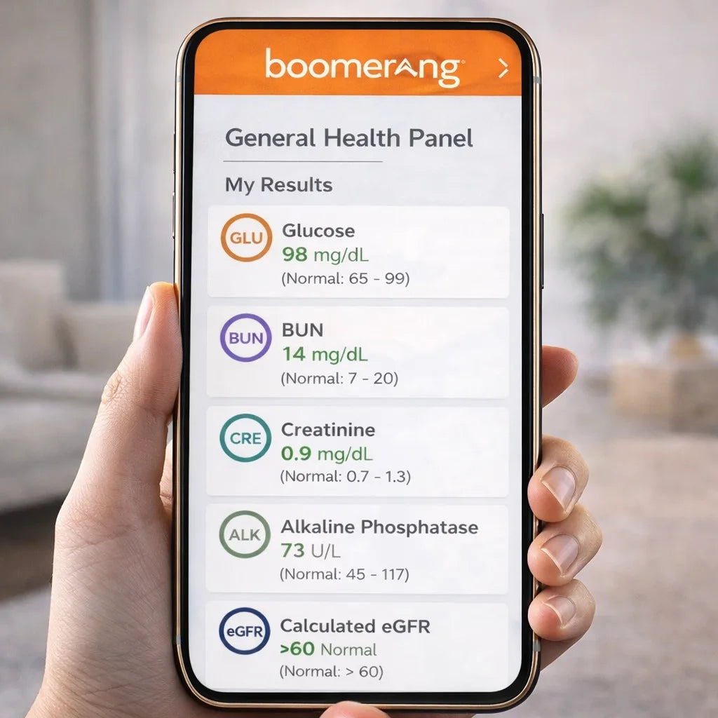 A hand holds a phone showing General Health Panel results, making at-home health checks easy and accessible.
