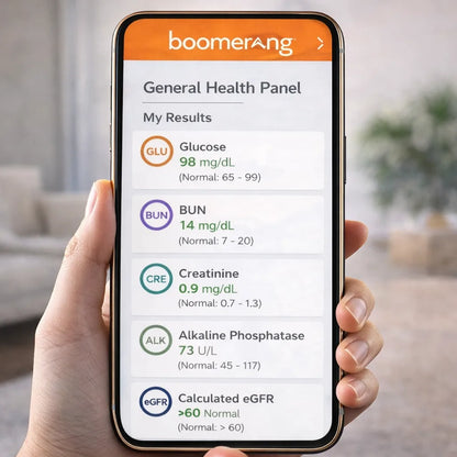 A hand holds a phone showing General Health Panel results, making at-home health checks easy and accessible.