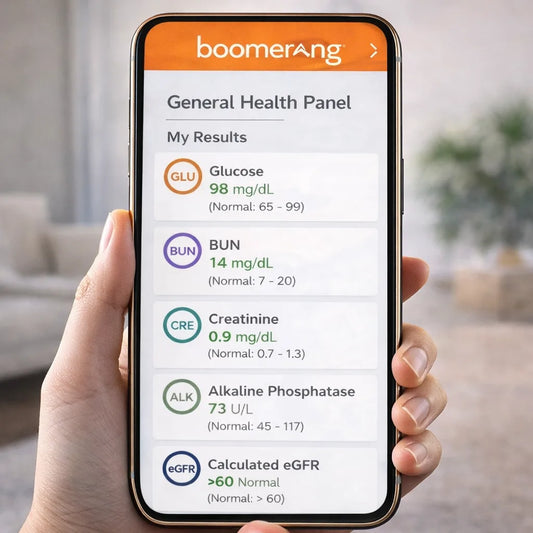 A hand holds a phone showing General Health Panel results, making at-home health checks easy and accessible.