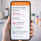 A hand holds a smartphone displaying Genome Rx Insight, showing pharmacogenomic testing results: adverse reactions for opioids, statins, and antidepressants; not detected; and normal response to proton pump inhibitors.