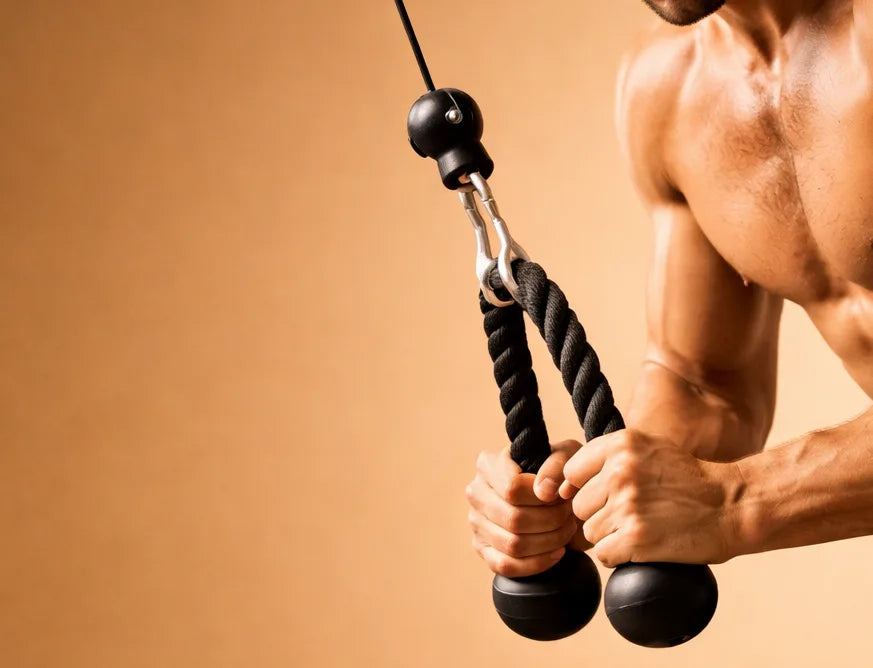 A muscular man uses a rope attachment on a cable machine for an exercise, gripping the handles with both hands against a plain beige background.