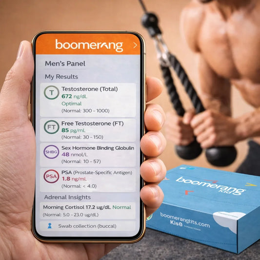 A hand holds a smartphone showing Men’s Panel blood test results from Boomerang, highlighting testosterone and hormone levels. In the background, someone uses a cable machine as a Boomerang Men’s Panel test kit sits on a table.