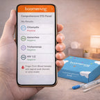 A hand holds a smartphone displaying confidential results from the Comprehensive STD Panel—Chlamydia positive, others negative. In the background, a blue Boomerang test kit box and medical swabs are on a table.