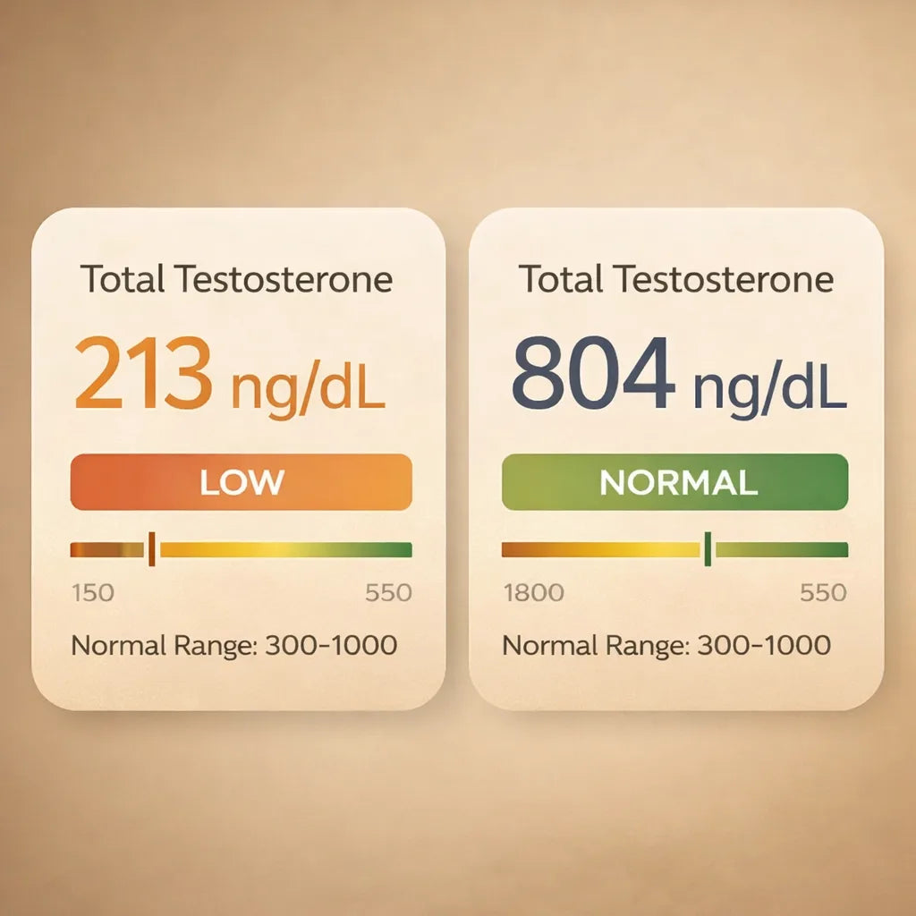 Two cards showing total testosterone levels: one reads 213 ng/dL labeled "Low," and the other reads 804 ng/dL labeled "Normal." Both show the normal range as 300–1000 ng/dL with colored bar indicators.